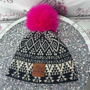 Hat toque winter warm cozy knit Black and White Knit Beanie with Pink Pom